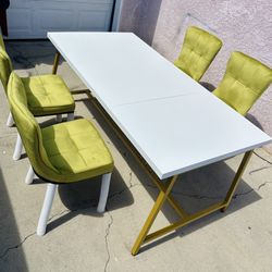 Upscale Modern 6-Piece Dining Set – White Extendable Table + 4 Olive Velvet Chairs | Gold Frame