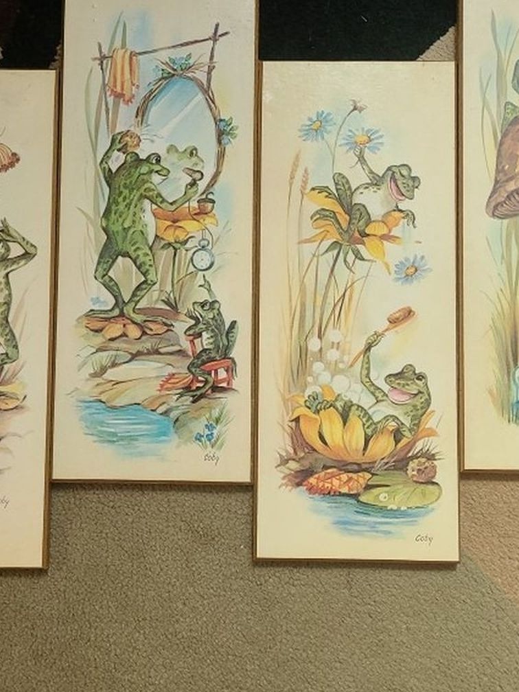 4 Vintage Wall Hanging Coby Frog Litho Pictures/Bath Decor Wood Plaques/set of 4