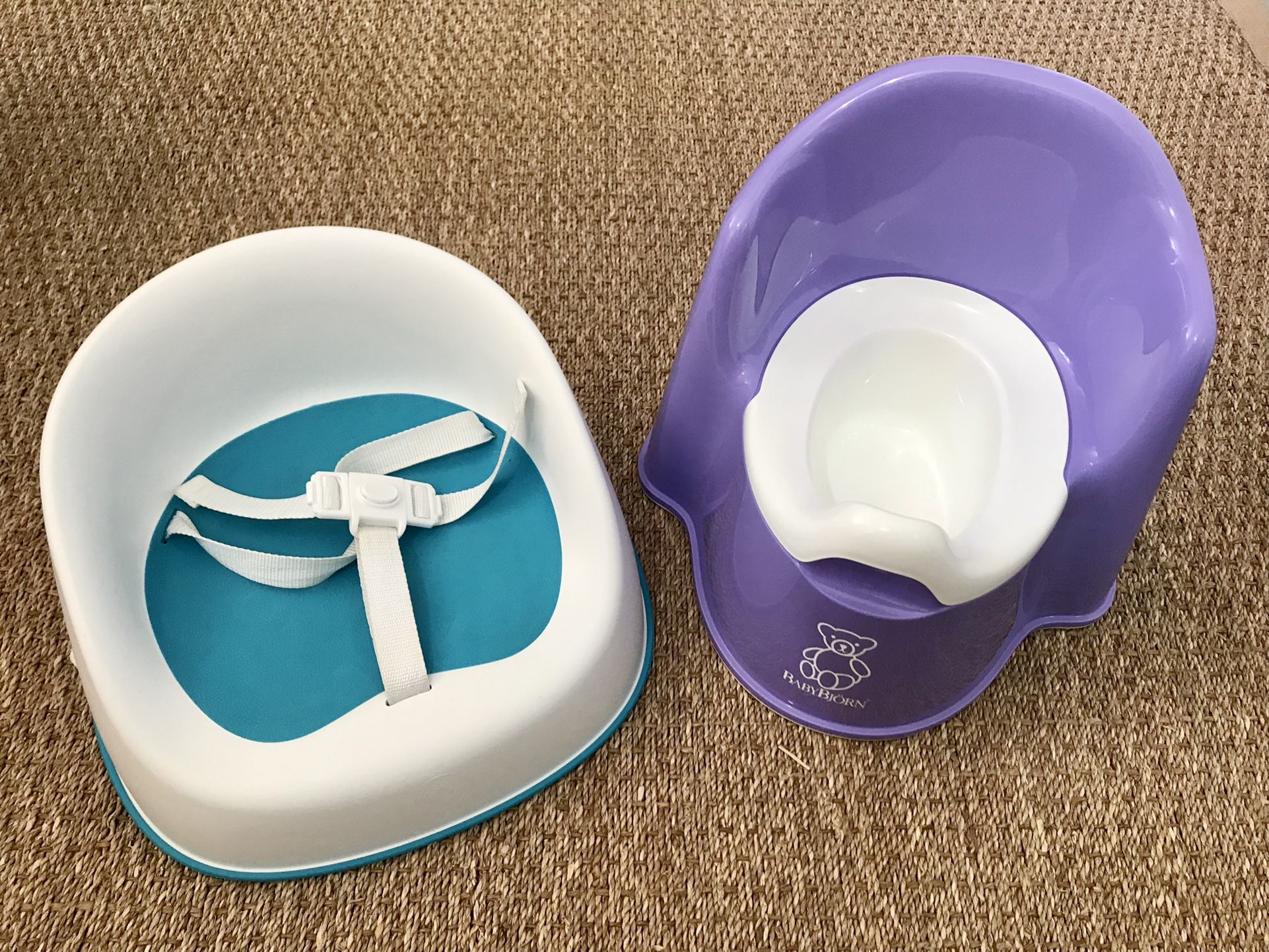 Baby Bjorn purple potty chair with back rest & Prince Lionheart booster seat combo. Both items in like new condition. $20