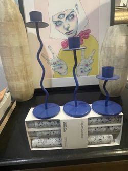 Modern Blue Wavy Candle Holders & Taper Candles Set