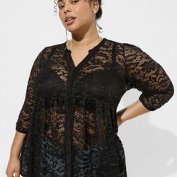  Torrid Black Sheer Lace Button Down Tunic – 1X – New (No Tags)