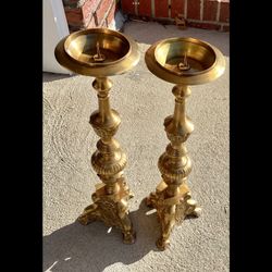 2 Vtg. Baroque Style Brass 19” Candlesticks Pillar Candle Holders 