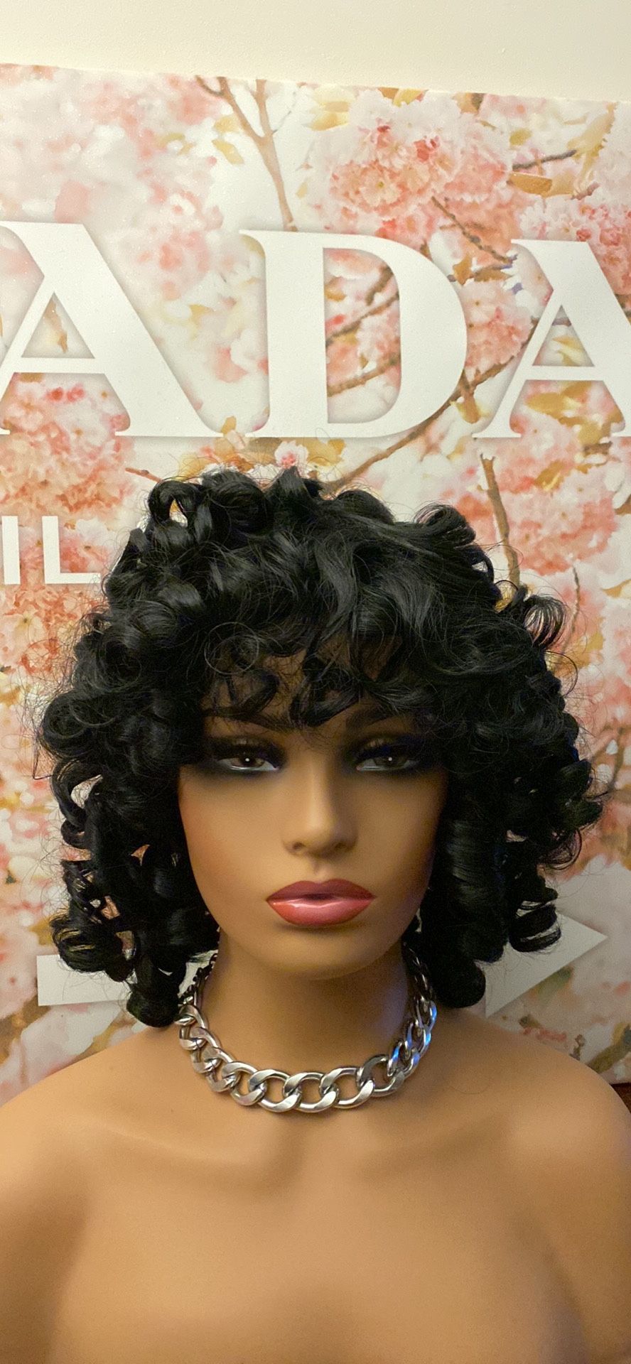 BLACK LOOSE CURLY WIG WITH BANGS