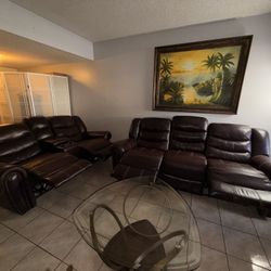 Brown Leather Reclining Sofa Set + Glass Coffee Table — Electric & Manual Recliners 