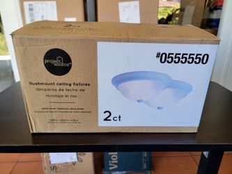 Two Project Source round flush-mount ceiling lights (model #0555550) with a white finish and alabaster glass shade. Open-box; never used.