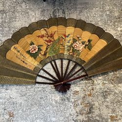 Large Asian Wall Fan, Hand Painted Bamboo Wicker and Rice paper Mid Century