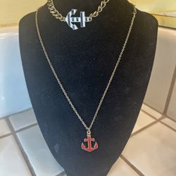 Two Piece Nautical  Anchor Set red anchor necklace and a blue and white bracelet stamped with a C on it