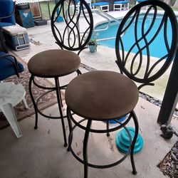 2 Dark Metal Swivel  Bar Stools.... TAUPE cushioning 