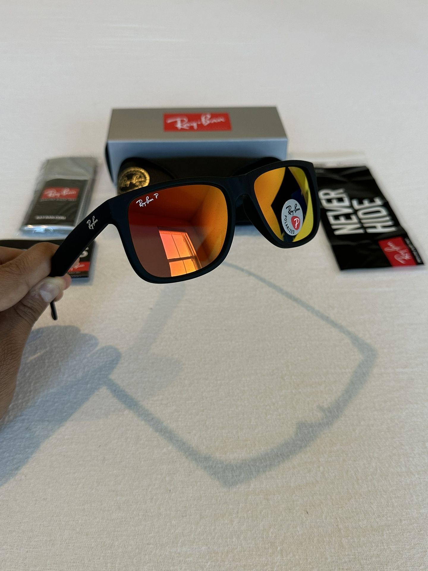 New RayBan Justins Orange Mirrored Polarized Sunglasses