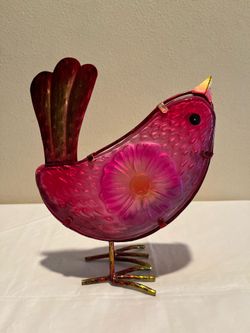 Pink Metal and Glass Bird Light Up Figurine 9”H x 7”L