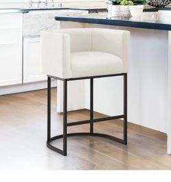 LUE BONA 27" H Counter Height Bar Stools Set of 2, Modern Barrel Counter Stools with Backrest and Arms, Black Metal Frames, Linen Fabric Upholstered