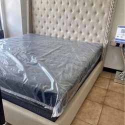 NEW IN BOX- 6Ft Queen & King Size Tufted Beige Bed Frame With Naildhead Trim