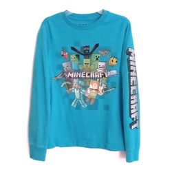 Turquoise blue Minecraft Long Sleeve T shirt  Boys size small 