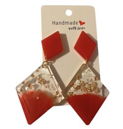 Earrings Resin Beautiful Red And Clear Gold Glitter 