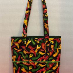 CHILI PEPPERS OF RED GREEN & YELLOW NEW  MEXICO STYLE QUILTED HANDMADE TOTE BAG