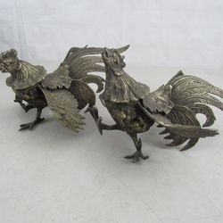 Vintage Pair Of Solid Brass Fighting Rooster Figures Statues


