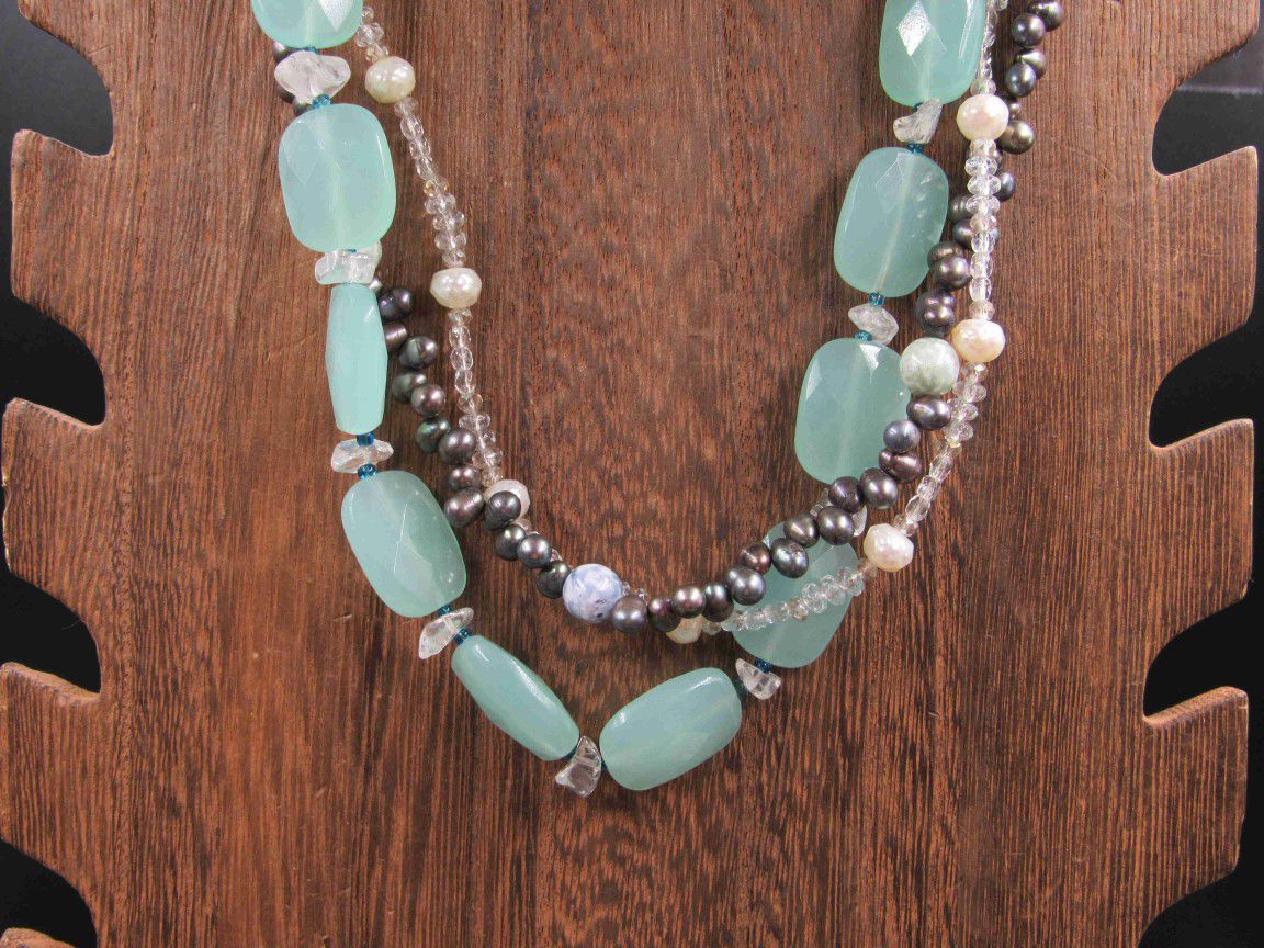18" Sterling Silver Teal Stone Pearls And Quartz Chips Necklace Vintage