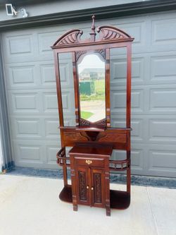 Beautiful Traditional Solid Mahogany Wooden Hall Tree Umbrella Stand With Mirror