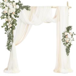 Ling's Moment 5 Pack White Luxury Artificial Flowers for Wedding Arch with Drapes, 2 Floral Arrangements, 3 Hanging Sheer Curtains, Sage Color, Ceremo