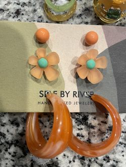 Orange Flower Earring + Chunky Hoop + Resin Ring Set (Brand New) 