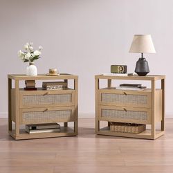 Wicker bedside table set (2 pieces), large bohemian style bedside table with 2 drawers and open shelving, bedroom wooden side table, modern