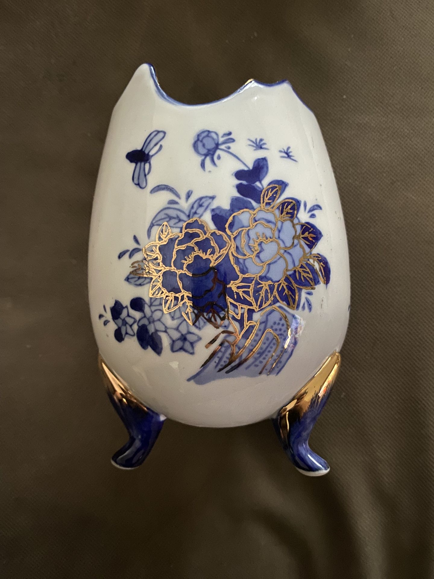 Vintage Footed Ceramic Egg Shaped Vase Blue Floral Gold