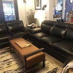 Black leather/ White Stitching Couch & Loveseat