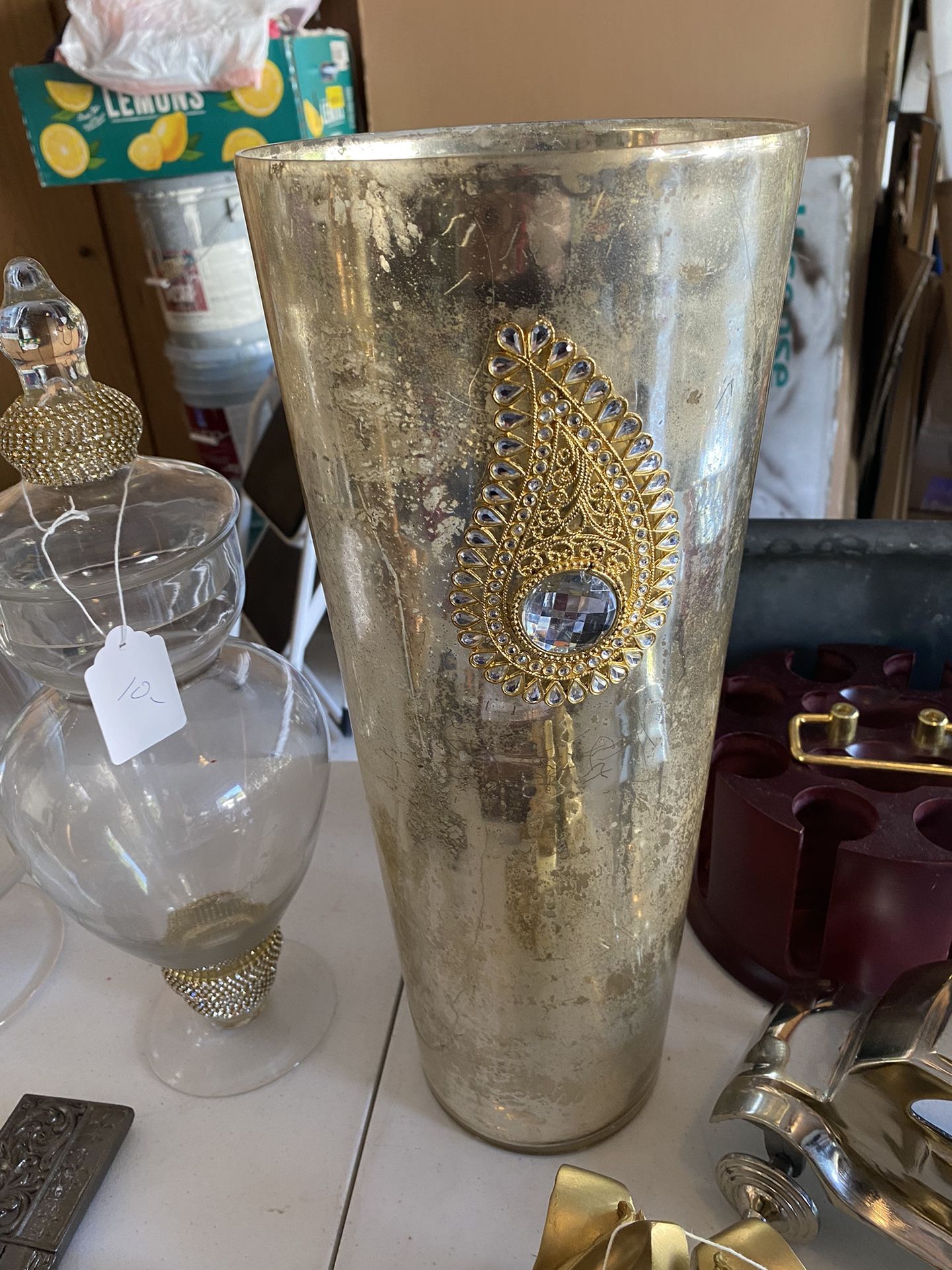 Tall Boutique Vase With Rhinestone Emblem