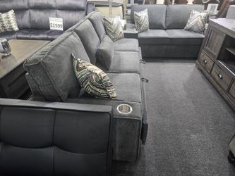 Brand New Gray Chenille Love + Sofa With Pullout Bed And Cup Holders