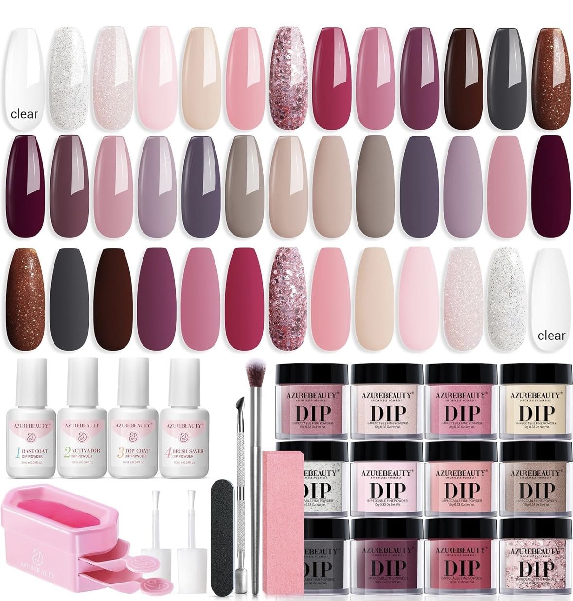 AZUREBEAUTY 31 Pcs Dip Powder Nail Kit Starter 20 Colors Clear Nude Pink Brown Glitter All Season Acrylic Dipping Powder Liquid Set with Top/Base Coat