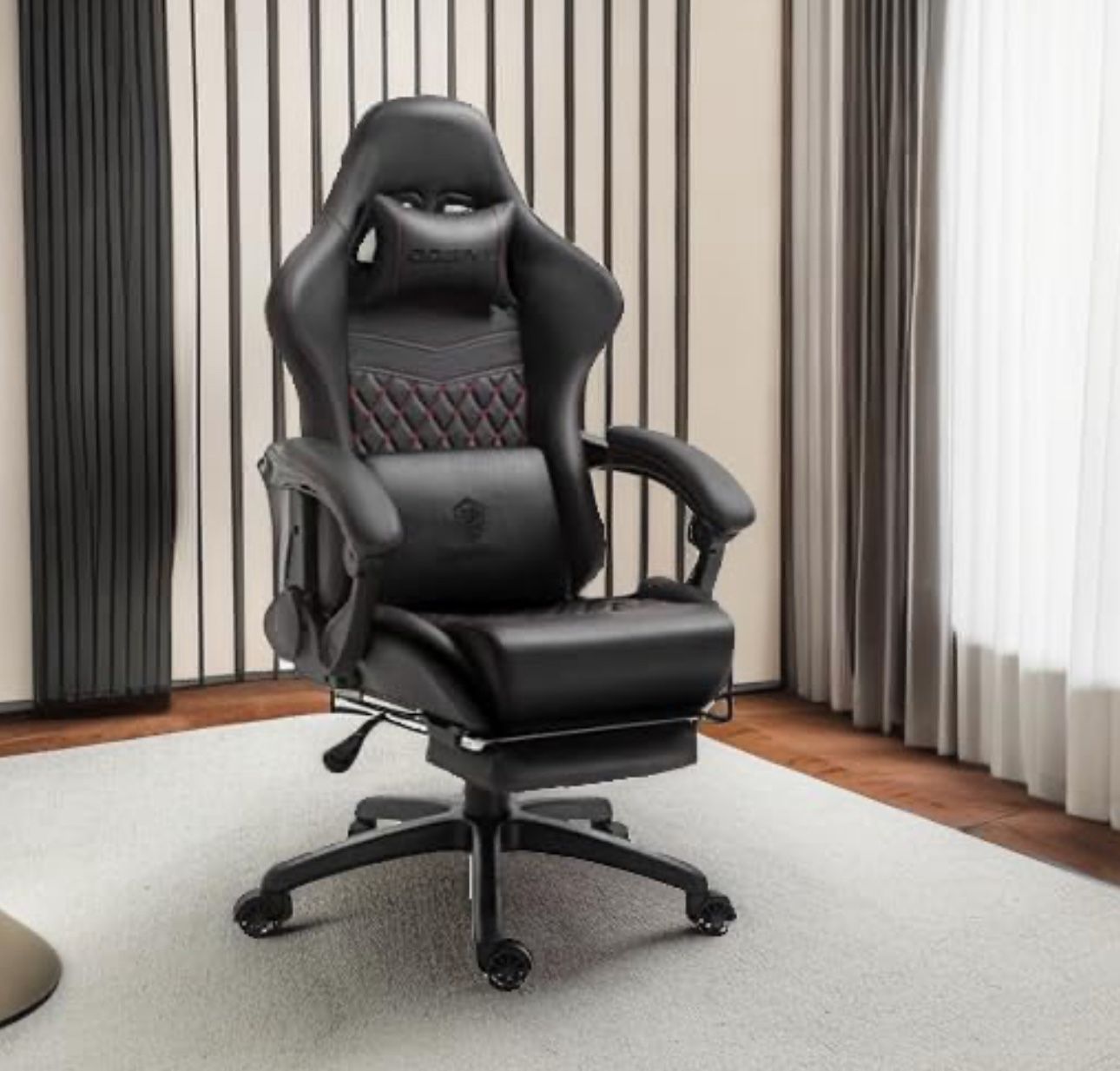 Dowinx Gaming/Office PC Chair with Massage Lumbar Support, Vintage Style PU Leather High Back Adjustable Swivel Task Chair with Footrest (Black and Re
