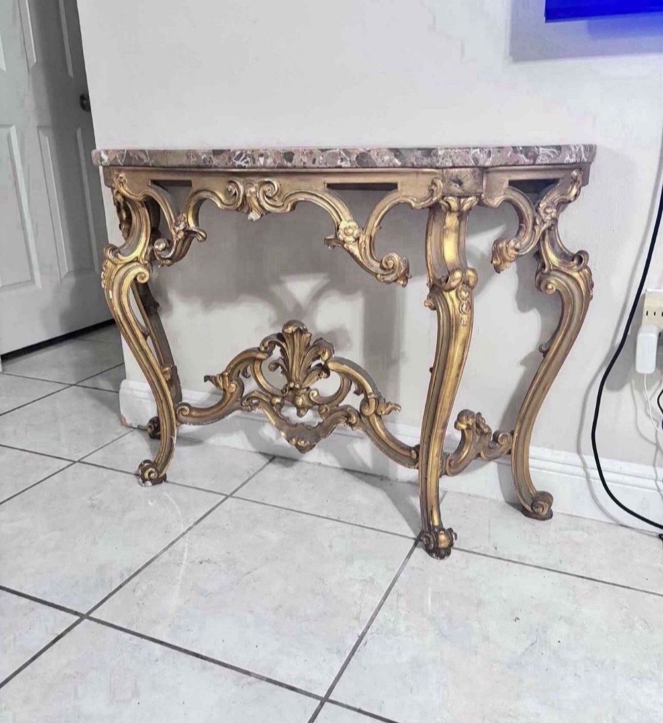 Antique Foyer Table With Marble Top 43”Lx13.5”Wx30”H