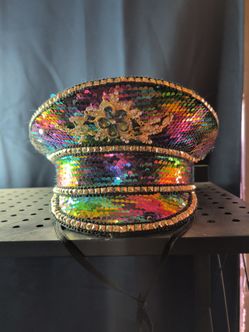 Rainbow Sequin Captain Hat with Jewel Embellishment