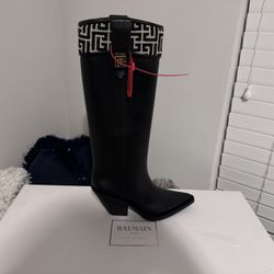 Balmain Paris Knee-High Rain Boots – Black w/ Monogram Trim