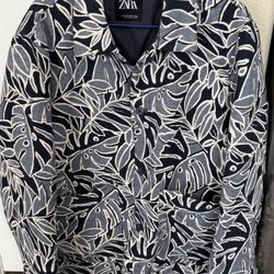 Zara Men's Leaf Jacquard Jacket XL - Blue/White Tropical Pattern