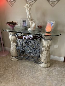 Double Pedestal Glass Top Consola Table With Built - In Wine Rack