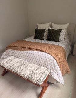 Living Spaces Dean Queen Upholstered Bed - like new - ready to go