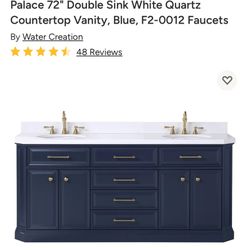 Palace 72" Double Sink White Quartz Countertop Vanity, Blue, F2-0012 Faucets