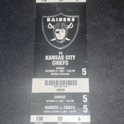 Oakland Raiders vs Kansas City Chiefs Ticket Stub 10/21/2007 Oakland Coliseum VS RAIDERS- Official TICKET STUB- Excellent Condition “Raider Nation”