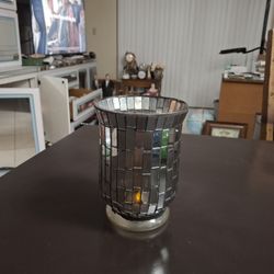 Vintage Silver Mosaic Glass Footed Candle Holder Vase 6.75"H X 5"W 