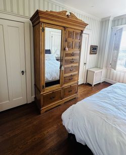 Vintage French Provincial Armoire With Beveled Mirror, Brass Hardware & Hidden Wardrobe Compartment