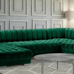 Gwen Velvet 3-Piece Double Chaise Green Sectional

