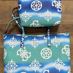 GUESS Women Vikky Large Tote Bag Tie Dye Blue With Convertible Pouch