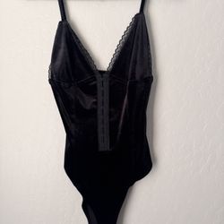 Black Velvet Bodysuit With Lace Trim, Adjustable Straps 
