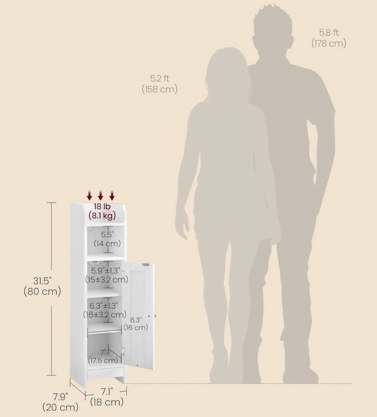 VASAGLE Small Narrow Storage Corner Floor Cabinet w/ Door w/ Adjustable Shelves - White