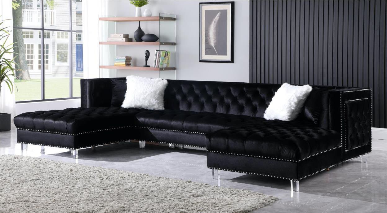 Black velvet sectional sofa U shape 4 pillows NEW 
