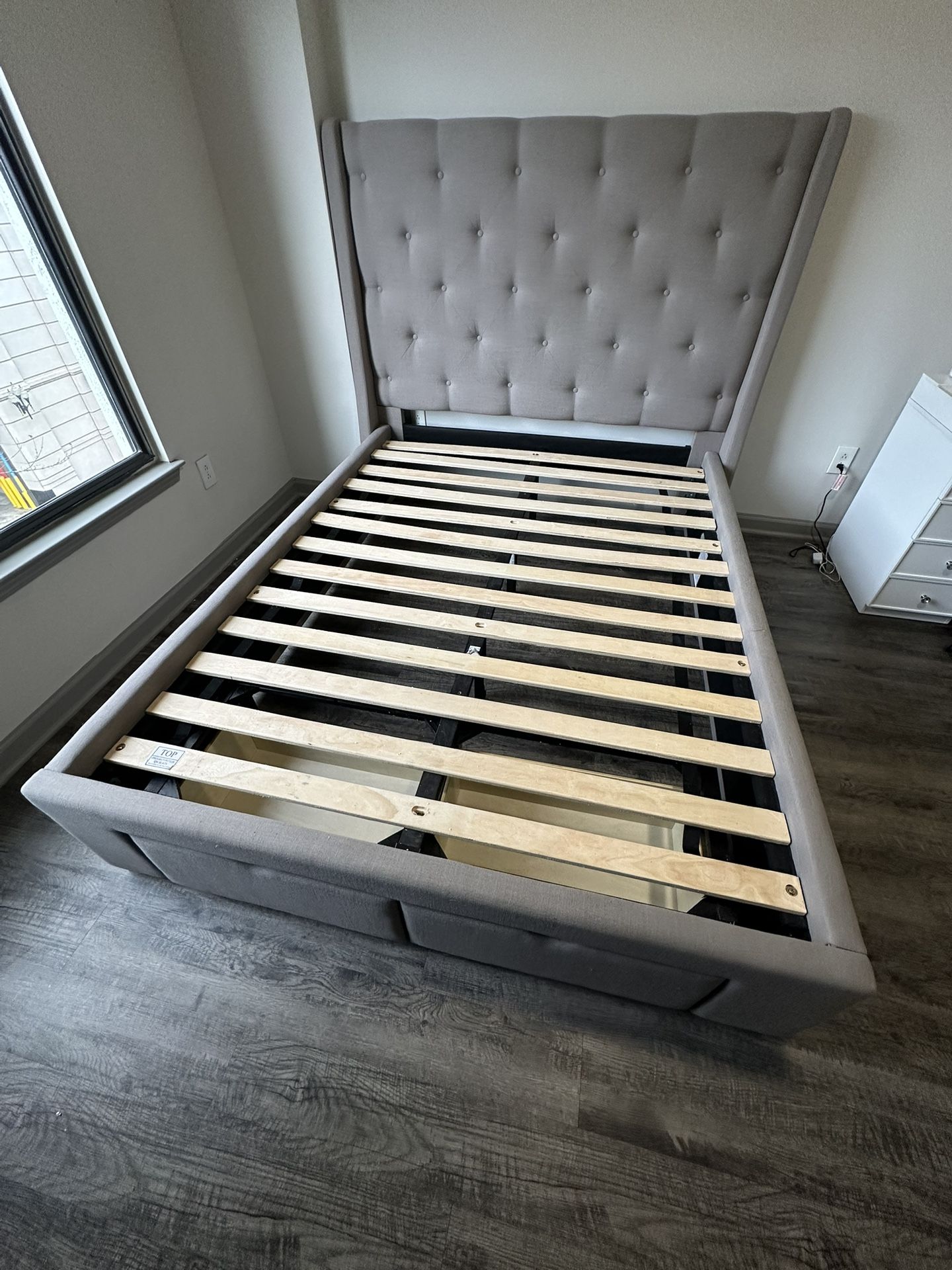 Alison Gray 3 Pc Queen Upholstered Bed Frame With 2 Drawer Storage for $200