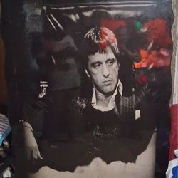 Custom Painted Wood Painting of Scarface {El Pachino}. Varnished over for longevity. 
Sz: 5'6" x 4'. Asking:$200 obo