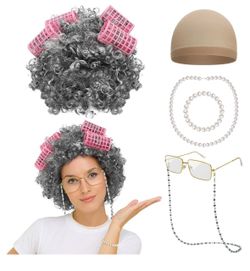 Huskein Old Lady Costume for Girls, 100 Days of School Costume for Kids, Old Lady Wig Glasses Wig Cap Necklace Bracelet Accessories