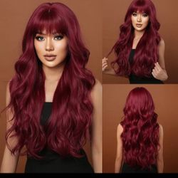 Wine Red Wig For Women Long Burgundy wavy Wigs With Bangs Cosplay Party Daily Wig Synthetic Fake Hair High Temperature Wig